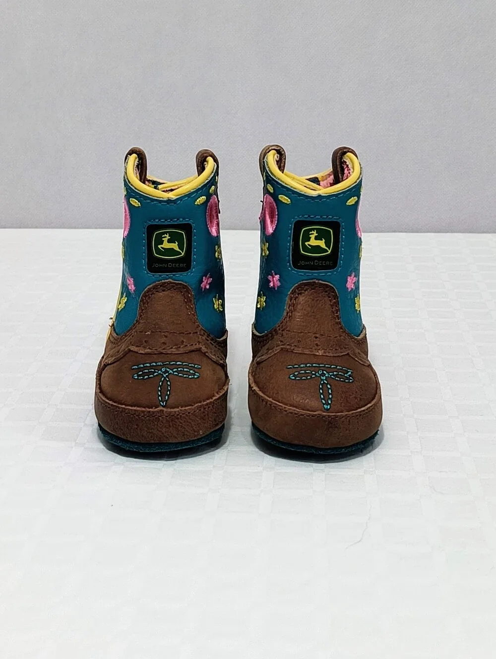 John Deere Brown & Teal Toddler Western Boots with Pink & Yellow Accents